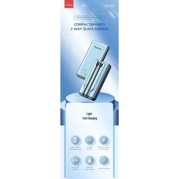 Yoobao LC6 20000mAh Fast Charging Power Bank Built in Cables (Lightning & Type C) PD3.0/QC3.0/SCP22.5W